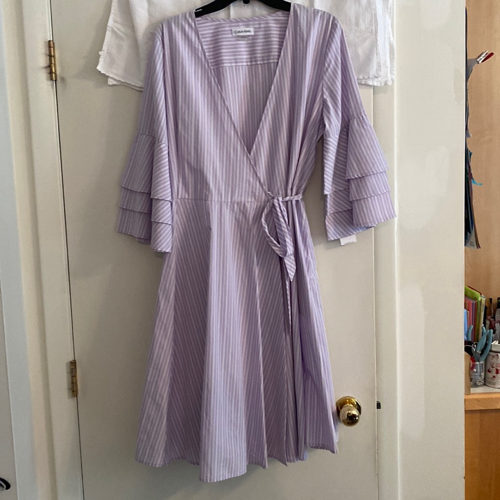 Calvin Klein wrap dress. Size 12. Purple and white striped.BNWT
